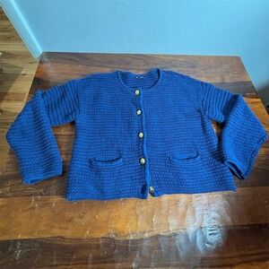 GAP Cardigan Sweater Jacket Womens Tall L Blue Gold Crest Buttons Pockets